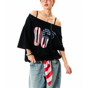 Off-Shoulder Short Sleeve T-Shirt for Women - Vintage Digital Print, Loose Fit, Summer Versatile Top, Y2K Style