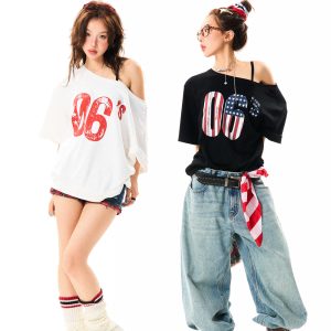 Off-Shoulder Short Sleeve T-Shirt for Women - Vintage Digital Print, Loose Fit, Summer Versatile Top, Y2K Style