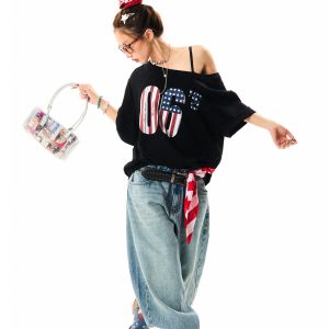 Off-Shoulder Short Sleeve T-Shirt for Women - Vintage Digital Print, Loose Fit, Summer Versatile Top, Y2K Style