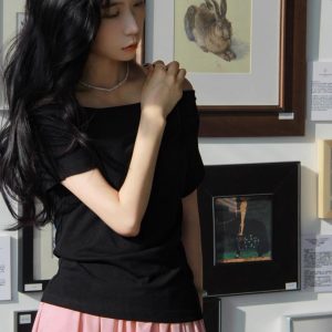 Off-Shoulder Short-Sleeved Top - Women's Summer French Style Thin Stretchy Knit in Light Colors - Elegant & Chic Essentials