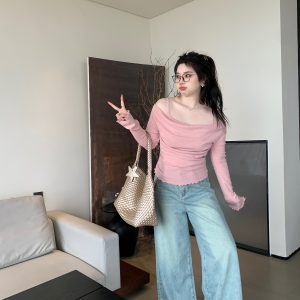 Off-Shoulder Solid Color Plus Size Knitted Shirt - High-End Feel, Slightly Chubby Style, Trendy Casual Top for Effortless Elegance