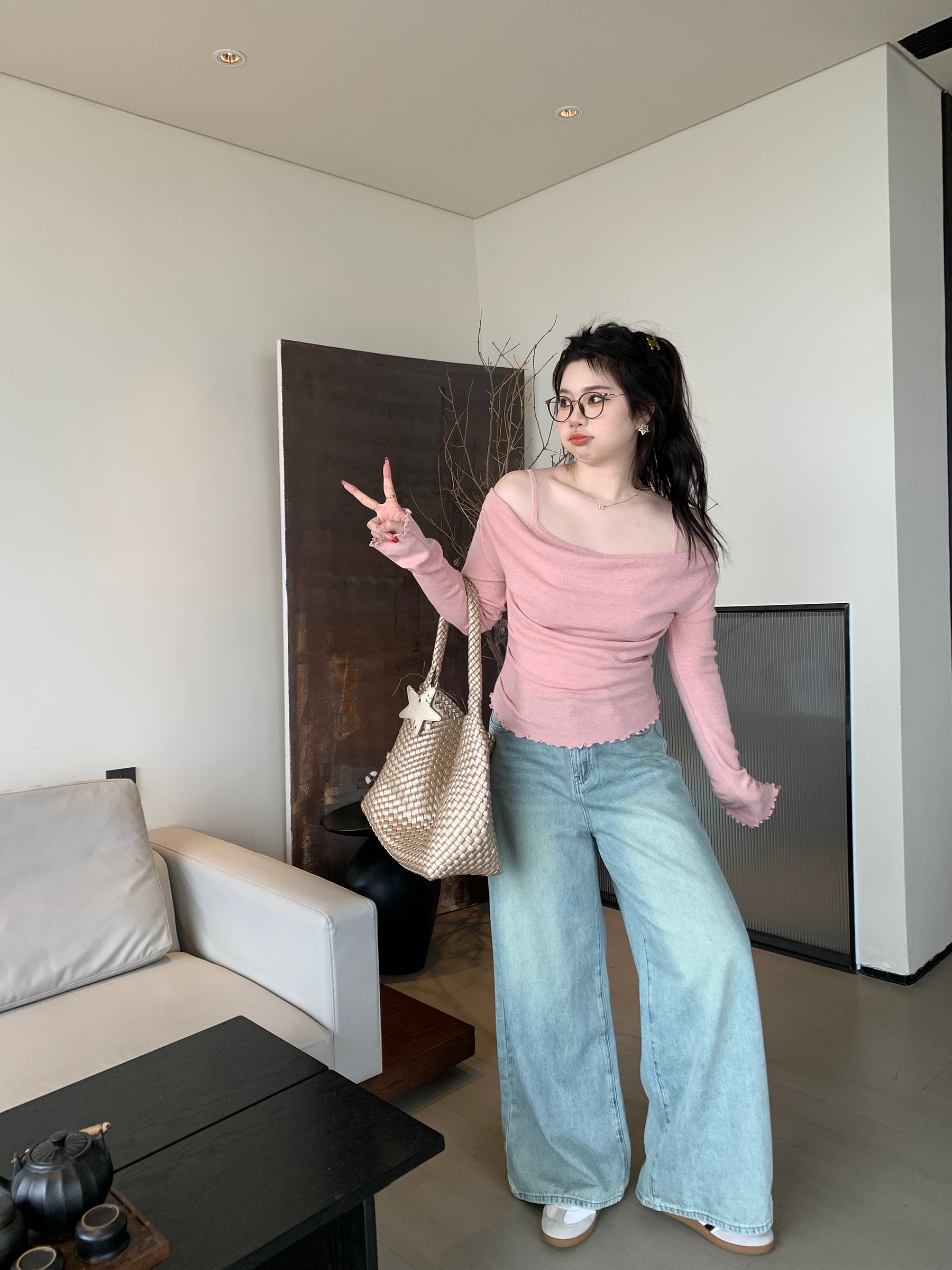 Off-Shoulder Solid Color Plus Size Knitted Shirt - High-End Feel, Slightly Chubby Style, Trendy Casual Top for Effortless Elegance Off-Shoulder Solid Color Plus Size Knitted Shirt - High-End Feel, Slightly Chubby Style, Trendy Casual Top for Effortless Elegance