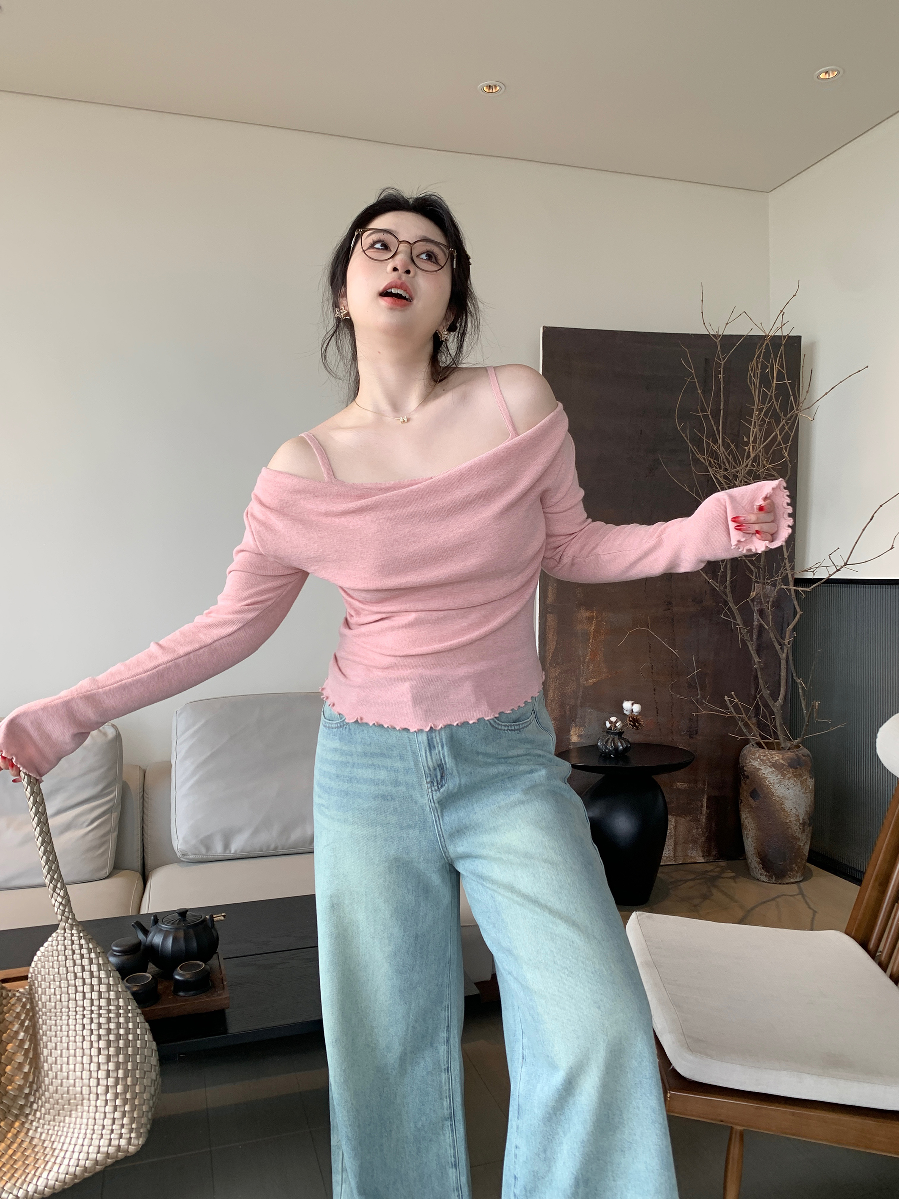 Off-Shoulder Solid Color Plus Size Knitted Shirt - High-End Feel, Slightly Chubby Style, Trendy Casual Top for Effortless Elegance Off-Shoulder Solid Color Plus Size Knitted Shirt - High-End Feel, Slightly Chubby Style, Trendy Casual Top for Effortless Elegance