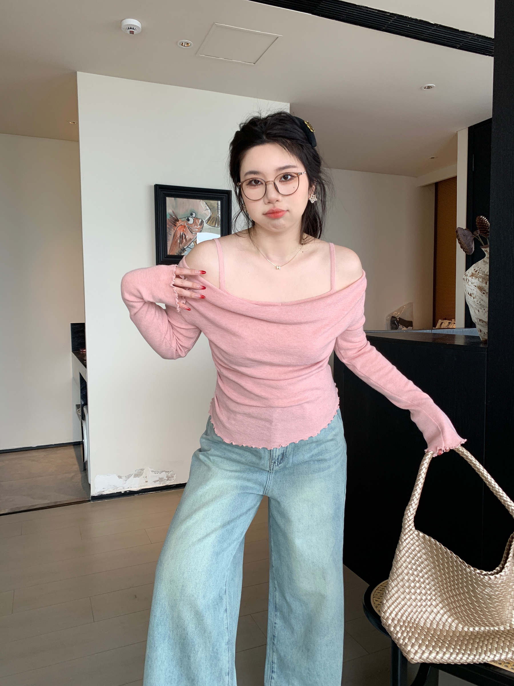 Off-Shoulder Solid Color Plus Size Knitted Shirt - High-End Feel, Slightly Chubby Style, Trendy Casual Top for Effortless Elegance Off-Shoulder Solid Color Plus Size Knitted Shirt - High-End Feel, Slightly Chubby Style, Trendy Casual Top for Effortless Elegance