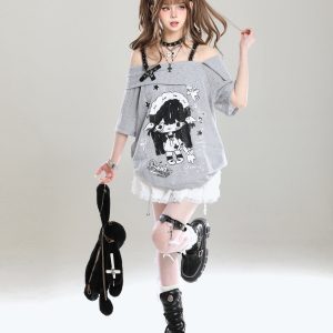 Off-Shoulder Spicy Girl Cartoon Camisole T-Shirt Cover-Up for Women, Y2K Summer Subculture Style Top
