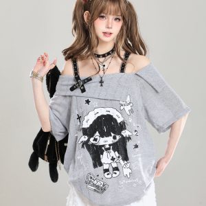 Off-Shoulder Spicy Girl Cartoon Camisole T-Shirt Cover-Up for Women, Y2K Summer Subculture Style Top