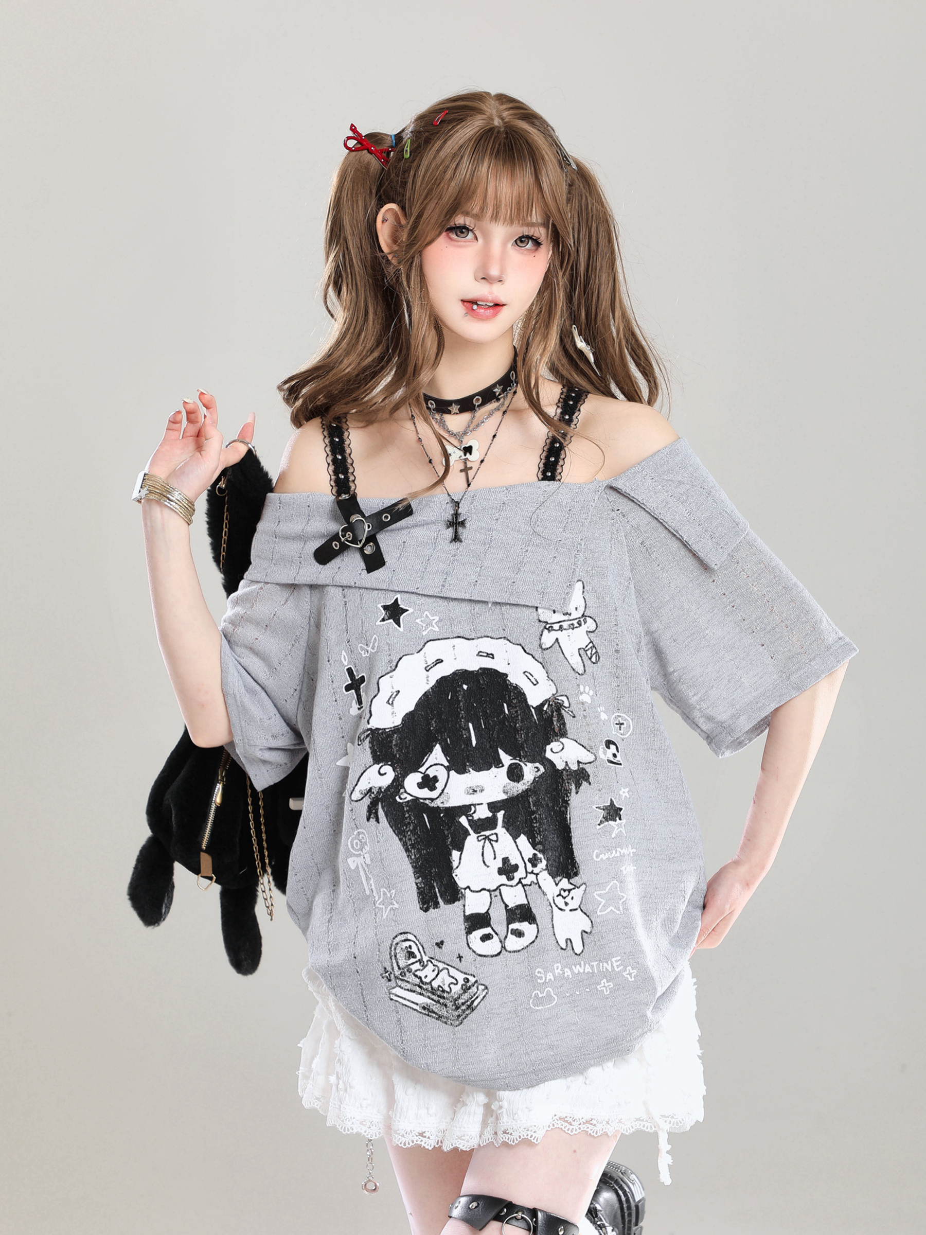 Off-Shoulder Spicy Girl Cartoon Camisole T-Shirt Cover-Up for Women, Y2K Summer Subculture Style Top Off-Shoulder Spicy Girl Cartoon Camisole T-Shirt Cover-Up for Women, Y2K Summer Subculture Style Top