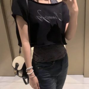 Off-Shoulder Spicy Girl T-Shirt for Women, Summer Slim-Fit Hanging Neck Tank Top, American Style Lazy Chic Top