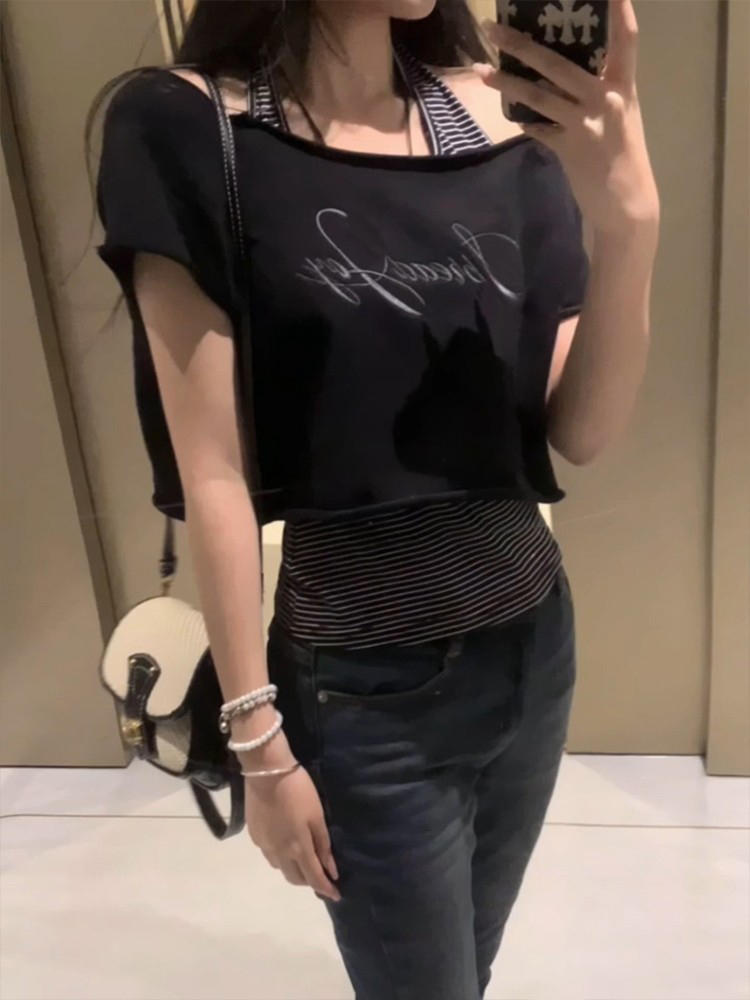 Off-Shoulder Spicy Girl T-Shirt for Women, Summer Slim-Fit Hanging Neck Tank Top, American Style Lazy Chic Top Off-Shoulder Spicy Girl T-Shirt for Women, Summer Slim-Fit Hanging Neck Tank Top, American Style Lazy Chic Top