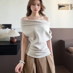 Off-Shoulder Vintage T-Shirt for Women - Summer Slimming Style, Waist-Cinching, Short Sleeves, Irregular Design, Trendy and Instagram-Worthy