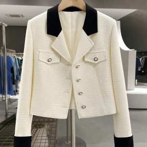 Off-White Color-Blocking French Chic Blazer for Women - 2025 Spring Autumn Short Suit, Stylish Workwear & Casual Fashion