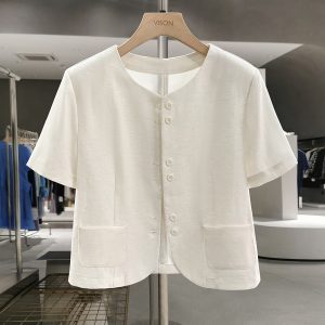 Off-White French-Style Elegant Short Jacket for Women - Chic Summer 2025 Petite Top, Trendy Fashion Essential