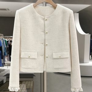 Off-White Lace Spliced Short Wind Coat for Women - French Elegant Spring Autumn 2025 Fashion