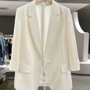 Off-White Minimalist Lace Cuff Blazer for Women - 2025 Summer Style, Imitation Acetate Textured Suit, Chic Fashion Layering Piece