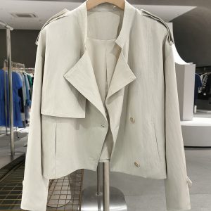 Off-White Short Trench Coat for Women - British Style, Spring 2025, Chic French Youthful Design for Autumn Fashion