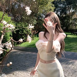 Off-White Strapless Top and Skirt Two-Piece Set for Women - Summer Floral Design, Perfect for Sakura Season Fashion