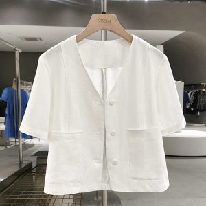 Off-White V-Neck Linen Short Jacket for Women - Korean Style, Summer 2025 Gentle Niche Thin Top