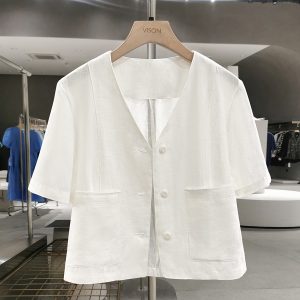 Off-White V-Neck Linen Short Jacket for Women - Korean Style, Summer 2025 Gentle Niche Thin Top