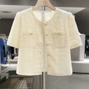 Off-White Vintage Elegant Short Coat for Women - Lightweight Textured Summer 2025 Fashion Top