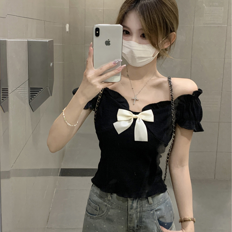 One-Shoulder Butterfly Knot Short Sleeve T-Shirt for Women - Plus Size Slim-Fit Summer Top, Sweet and Spicy Style