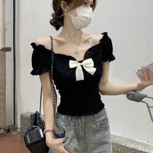 One-Shoulder Butterfly Knot Short Sleeve T-Shirt for Women - Plus Size Slim-Fit Summer Top, Sweet and Spicy Style