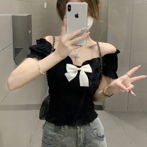 One-Shoulder Butterfly Knot Short Sleeve T-Shirt for Women - Plus Size Slim-Fit Summer Top, Sweet and Spicy Style