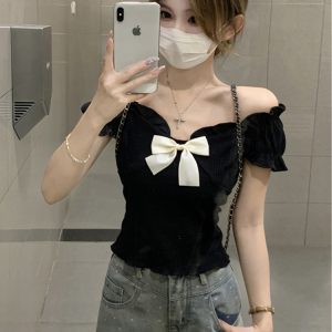 One-Shoulder Butterfly Knot Short Sleeve T-Shirt for Women - Plus Size Slim-Fit Summer Top, Sweet and Spicy Style