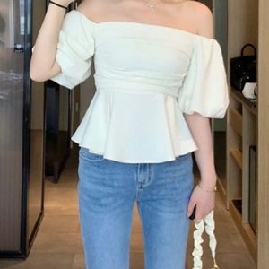 One-Shoulder High-Waist Puff Sleeve Top for Women - Slimming Tummy-Covering Design - Summer Fashion in Large Sizes