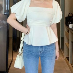 One-Shoulder High-Waist Puff Sleeve Top for Women - Slimming Tummy-Covering Design - Summer Fashion in Large Sizes