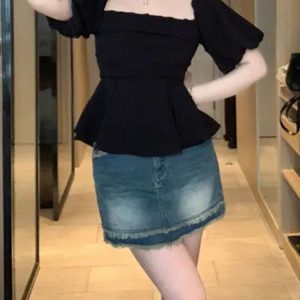 One-Shoulder High-Waist Puff Sleeve Top for Women - Slimming Tummy-Covering Design - Summer Fashion in Large Sizes