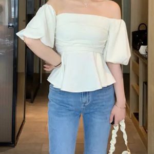 One-Shoulder High-Waist Puff Sleeve Top for Women - Slimming Tummy-Covering Design - Summer Fashion in Large Sizes