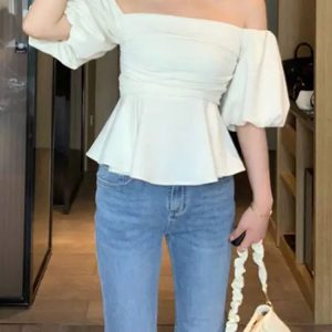 One-Shoulder High-Waist Puff Sleeve Top for Women - Slimming Tummy-Covering Design - Summer Fashion in Large Sizes