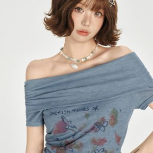 One-Shoulder Printed Waist-Cinching Slim-Fit T-Shirt for Women - American Retro Summer Style, Short Sleeve Top