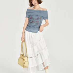 One-Shoulder Printed Waist-Cinching Slim-Fit T-Shirt for Women - American Retro Summer Style, Short Sleeve Top