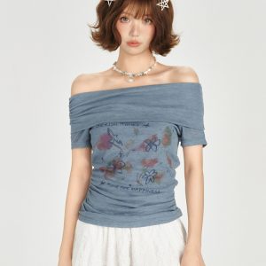 One-Shoulder Printed Waist-Cinching Slim-Fit T-Shirt for Women - American Retro Summer Style, Short Sleeve Top