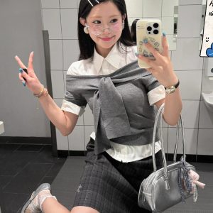 One-Shoulder Short Sleeve Knitted Top for Women - Trendy Gray Summer T-Shirt, Slim Fit, Hot Girl Style, Y2K Fashion