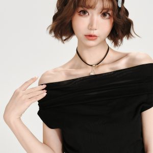 One-Shoulder Short Sleeve T-Shirt for Women - Spicy Girl Mesh Ribbon Slim Fit Top - American Style Summer Fashion