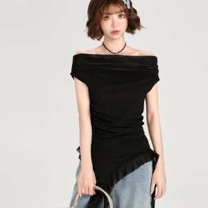 One-Shoulder Short Sleeve T-Shirt for Women - Spicy Girl Mesh Ribbon Slim Fit Top - American Style Summer Fashion