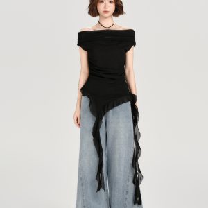 One-Shoulder Short Sleeve T-Shirt for Women - Spicy Girl Mesh Ribbon Slim Fit Top - American Style Summer Fashion