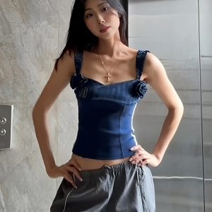 One-Shoulder Spicy Girl Tank Top for Women - Summer 3D Floral Slim Fit Design with Rhinestones, Y2K Style, Trendy Casual Wear