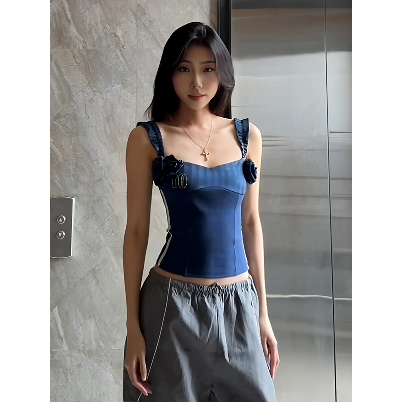 One-Shoulder Spicy Girl Tank Top for Women - Summer 3D Floral Slim Fit Design with Rhinestones, Y2K Style, Trendy Casual Wear