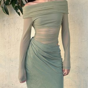 One-Shoulder Spicy Sexy Mesh Dress with Waist-Showing Design – Slightly Sheer Long Skirt, Trendy Korean Style for a Bold Look