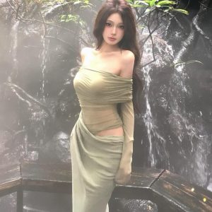 One-Shoulder Spicy Sexy Mesh Dress with Waist-Showing Design – Slightly Sheer Long Skirt, Trendy Korean Style for a Bold Look