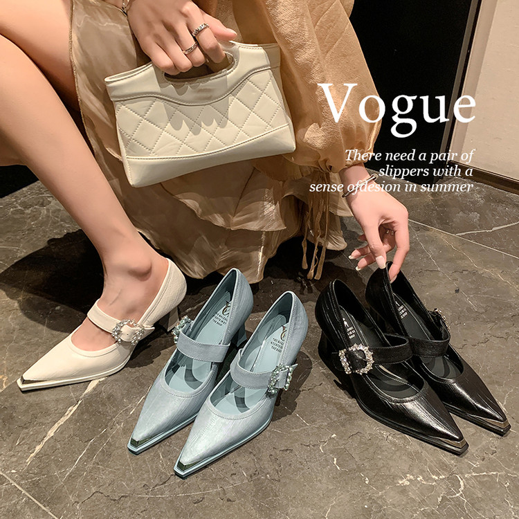 One-Strap Metallic Pointed High Heels for Women - French Rhinestone Mary Jane Shoes, Gentle Style, Elegant Footwear One-Strap Metallic Pointed High Heels for Women - French Rhinestone Mary Jane Shoes, Gentle Style, Elegant Footwear