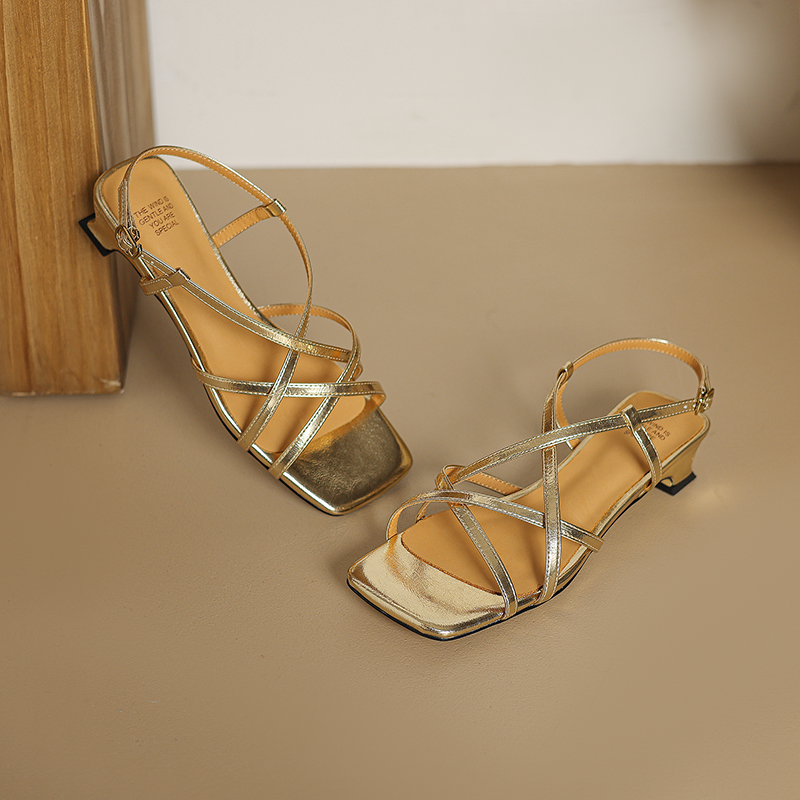 Open-Toe Chunky Strap Roman Sandals for Women - Gold and Silver Hollow Design - Summer 2024 Fashion