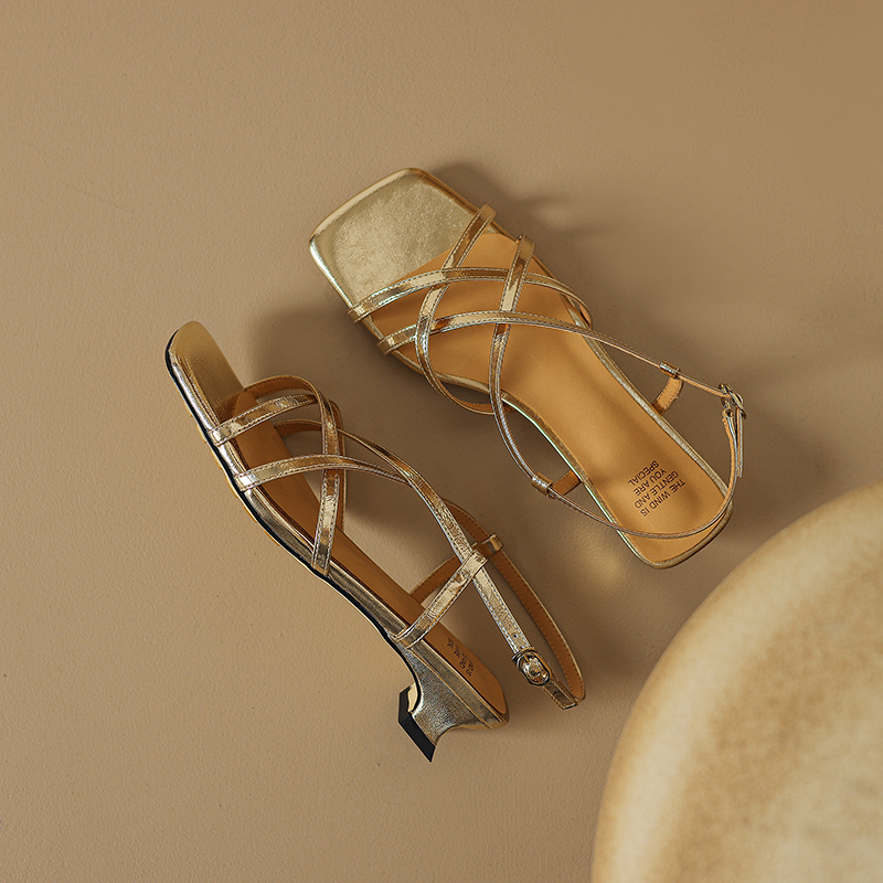 Open-Toe Chunky Strap Roman Sandals for Women - Gold and Silver Hollow Design - Summer 2024 Fashion