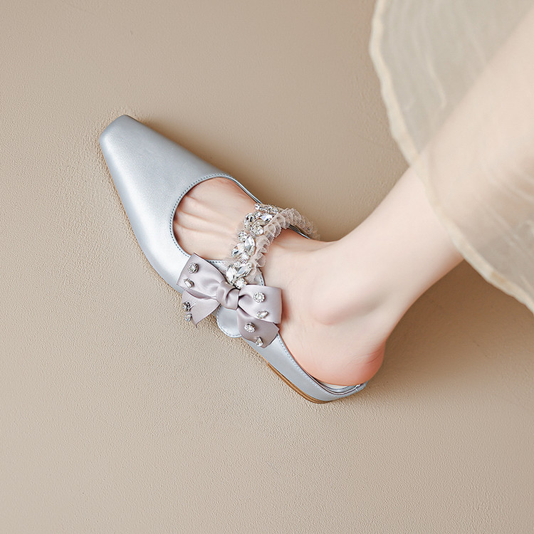 Open-Toe Half Slippers with Bowknot Rhinestones - Women's One-Strap Sandals in Italian French Fashion Style