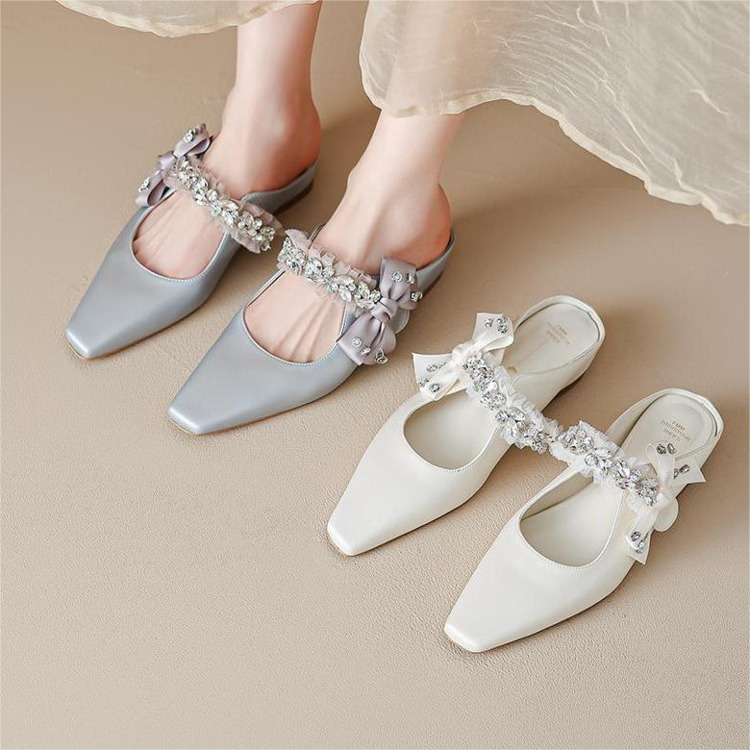 Open-Toe Half Slippers with Bowknot Rhinestones - Women's One-Strap Sandals in Italian French Fashion Style