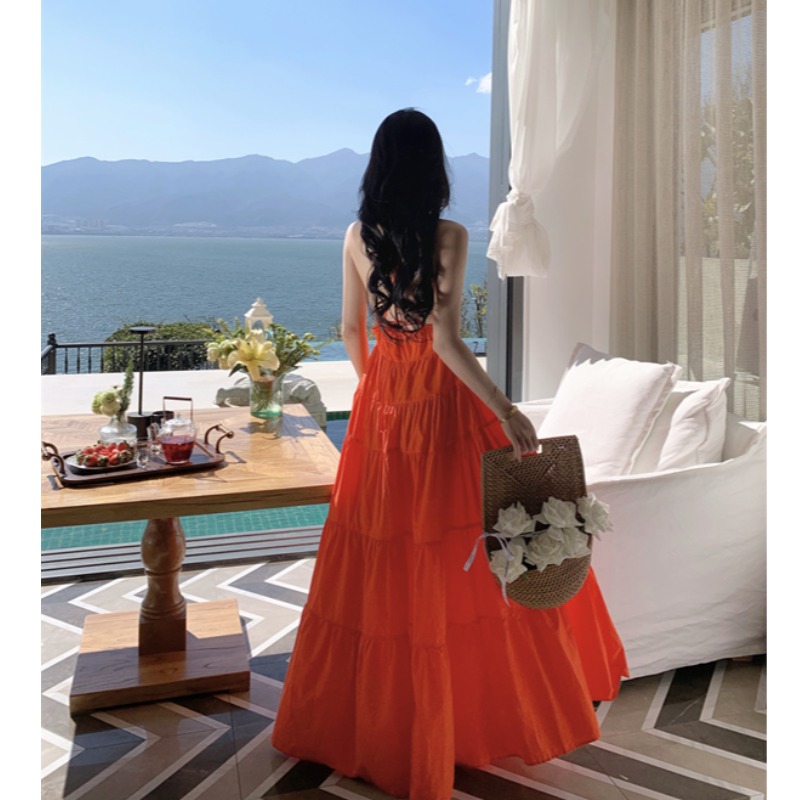 Orange Backless Camisole Dress - Long Ankle-Length Beach Vacation Skirt with Swing Design for Summer Style