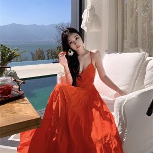 Orange Backless Camisole Dress - Long Ankle-Length Beach Vacation Skirt with Swing Design for Summer Style